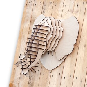 Wooden Elephant Head 3D, Wood Elephant Trophy - Home Decor, Animal Art