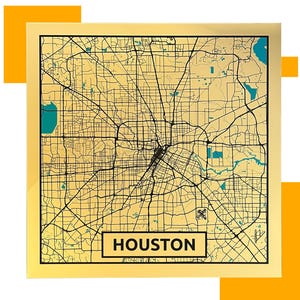 Carte de Houston avec miroir doré – oeuvre d'art murale brillante, décoration urbaine moderne, prête à accrocher
