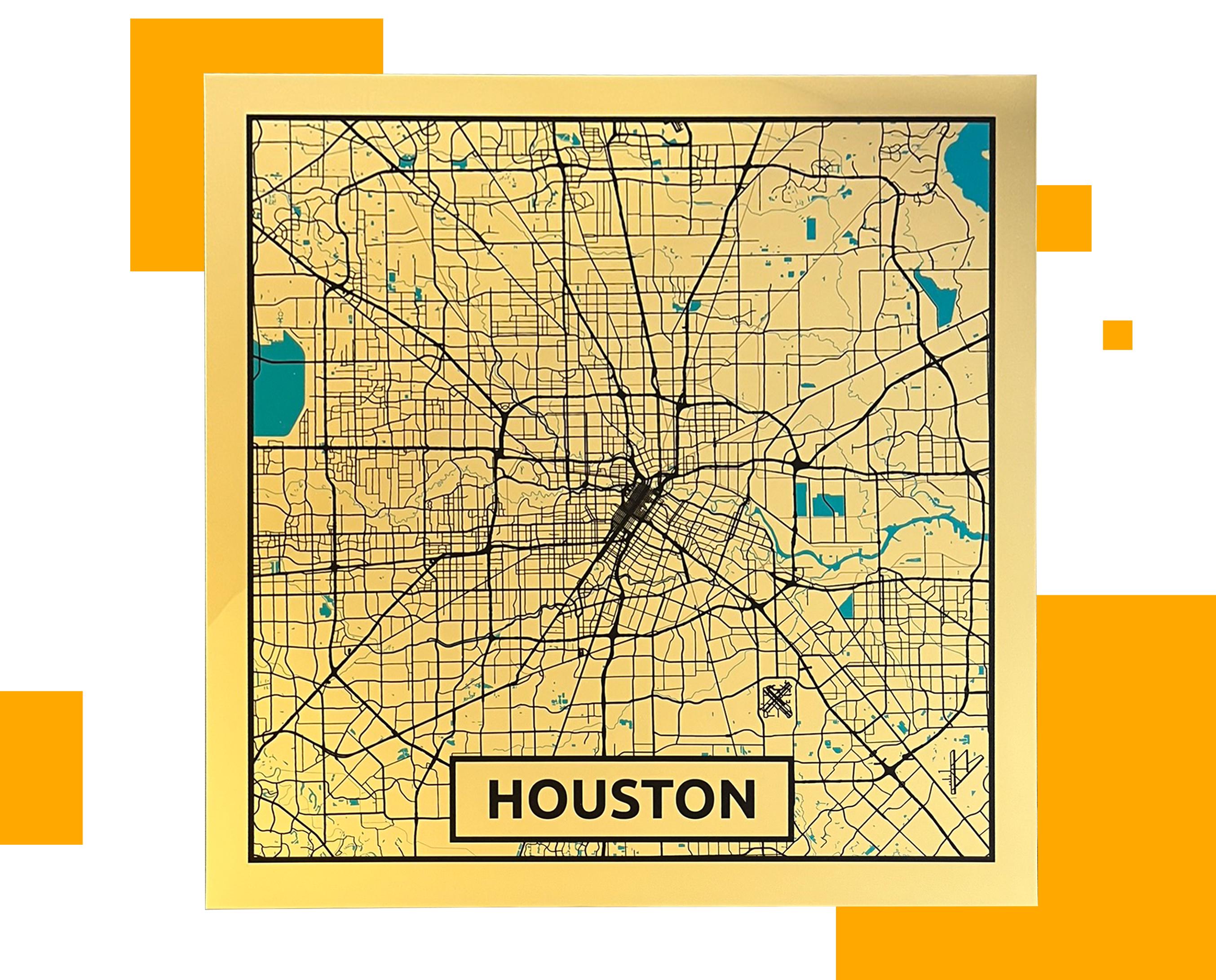 Gold Mirror Houston Map – Shiny City Wall Art, Modern Urban Decor, Ready to Hang