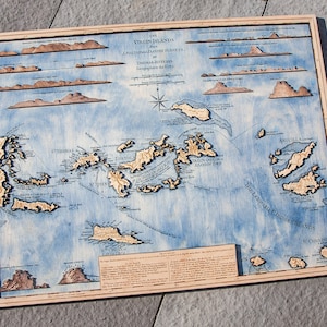 Mapa de madeira vintage das Ilhas Virgens (BVI) 24" x 31" / 1775 ano / Gravura / Arte de parede
