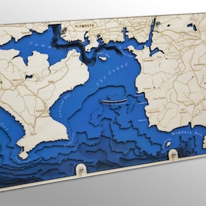 Plymouth Sound Bay 12 "x 24" oder 16 "x 32", 3D-Batymetrie-Topographie / Wood Sea Art