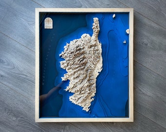 Könnte beinhalten: Eine gerahmte 3D-Karte von Korsika, einer französischen Insel im Mittelmeer. Die Karte ist aus Holz gefertigt und zeigt die Topographie der Insel. Die Karte ist von einem blauen Hintergrund umgeben, der das Meer darstellt.