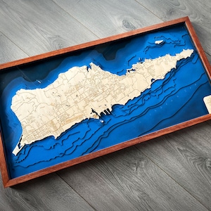 Saint Croix Virgin Island (USVI) Mapa de madeira - Batimetria gravada Mapas de madeira 3D topográficos do mar | Decoração de parede de casa exclusiva e educacional