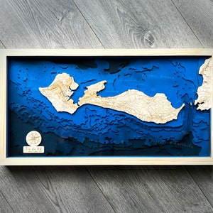 Île de Ré 12"x 24", 3D bathymétrie-topographique / Wood Ocean Art Map