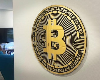 Bitcoin coin | Mirror Shine Gold - Cryptocurrency Wall Art Decoration | Blockchain House Decor Warming Gift