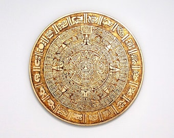 Aztec Sun Stone, Mayan Calendar Wall Art, Gold, Ancient Mexican Art