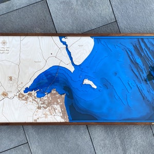 Kuwait Bay 32 "x 16", 3D Badymetrie-topografische / Holz Meer Kunst Karte