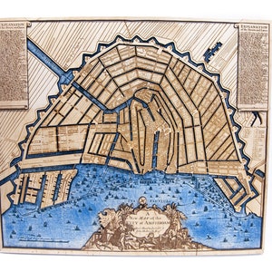 Amsterdam vintage Wooden Map / 1720 ans / Gravure / Art mural