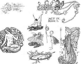 May include: Black and white illustrations of various mythical creatures, including mermaids, fairies, and a dragon. The illustrations are in a vintage style and would be perfect for a fantasy-themed project.