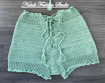 Crochet swimsuit bottom bikini bottom shorts covers up hand made custom size and color beach swimwear summer trend shorts Active