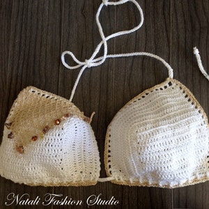 Crochet swimsuit bikini top size C white/gold net crochet bikini swimsuit custom size and color
