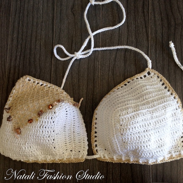 Crochet swimsuit bikini top size C white/gold net crochet bikini swimsuit custom size and color