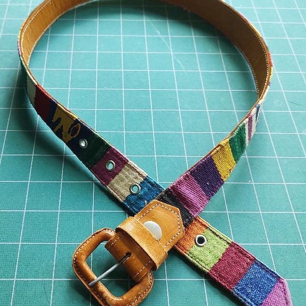Guatemalan Belt Colorful Leather Hand Woven Design 28.5" to 33"