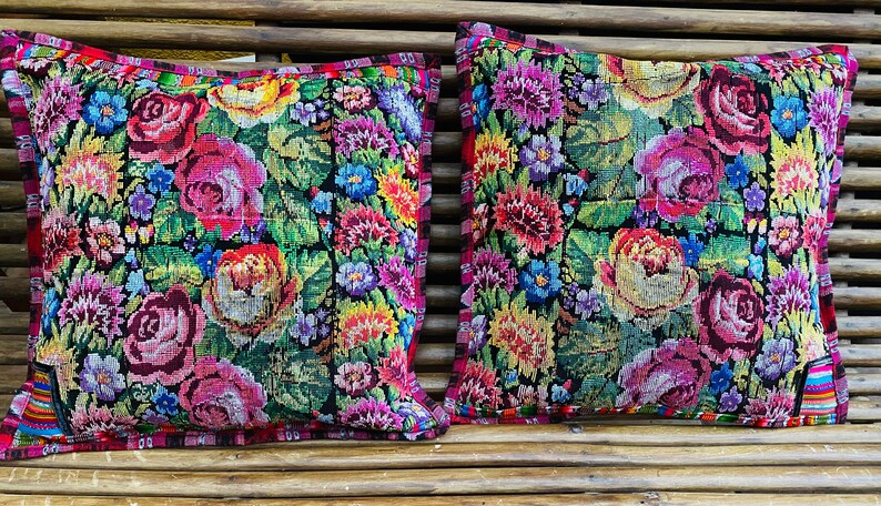 Flowers in bloom Set of two Cushion covers huipil from chichi hand weaved on a back strap loom