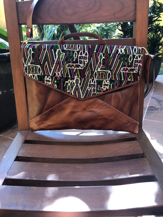Handmade Leather  Bag, Huipil Detail, Crossbody Attaché, ideal for everyday use fits  Laptop