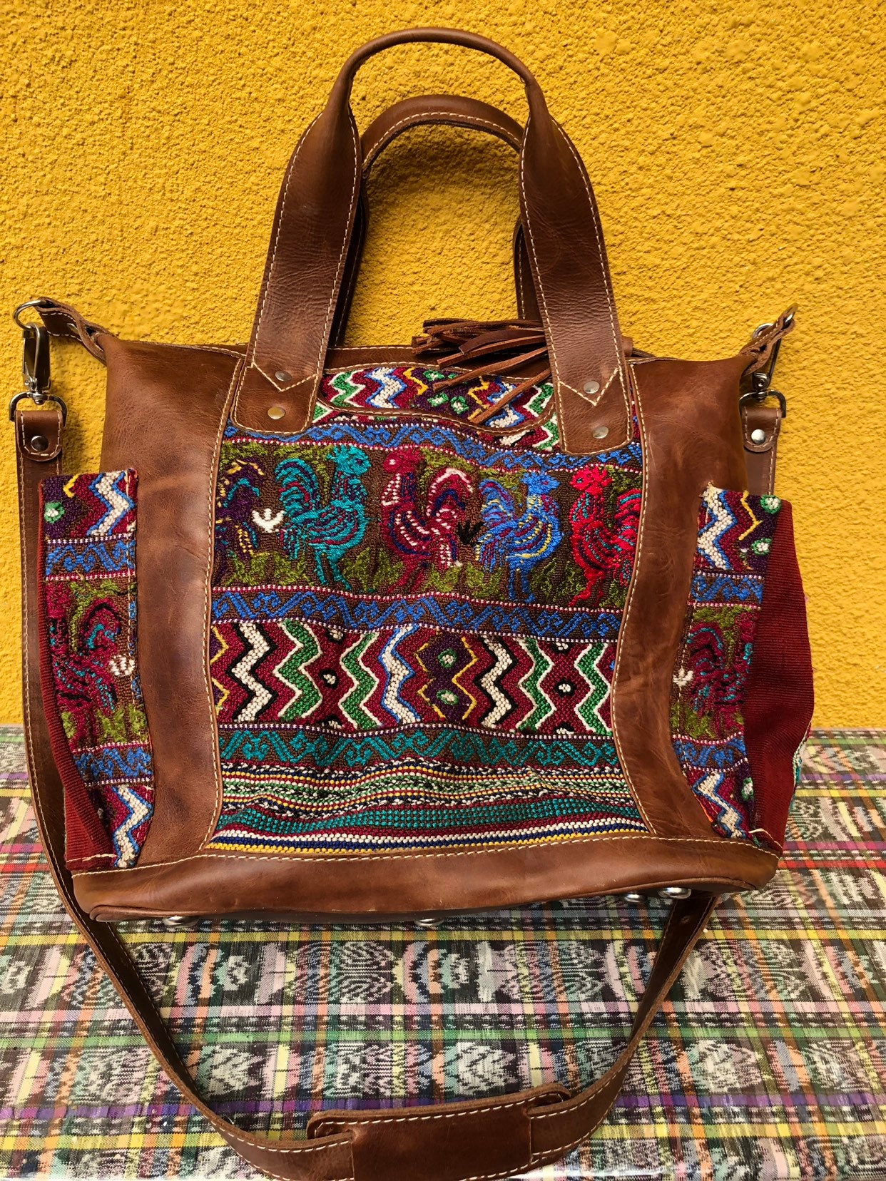 ?STELLAR STUNNING LEATHER HUIPIL CONVERTIBLE? Custom Huipil Pattern Caramel Brown Genuine LEATHER  main image 4