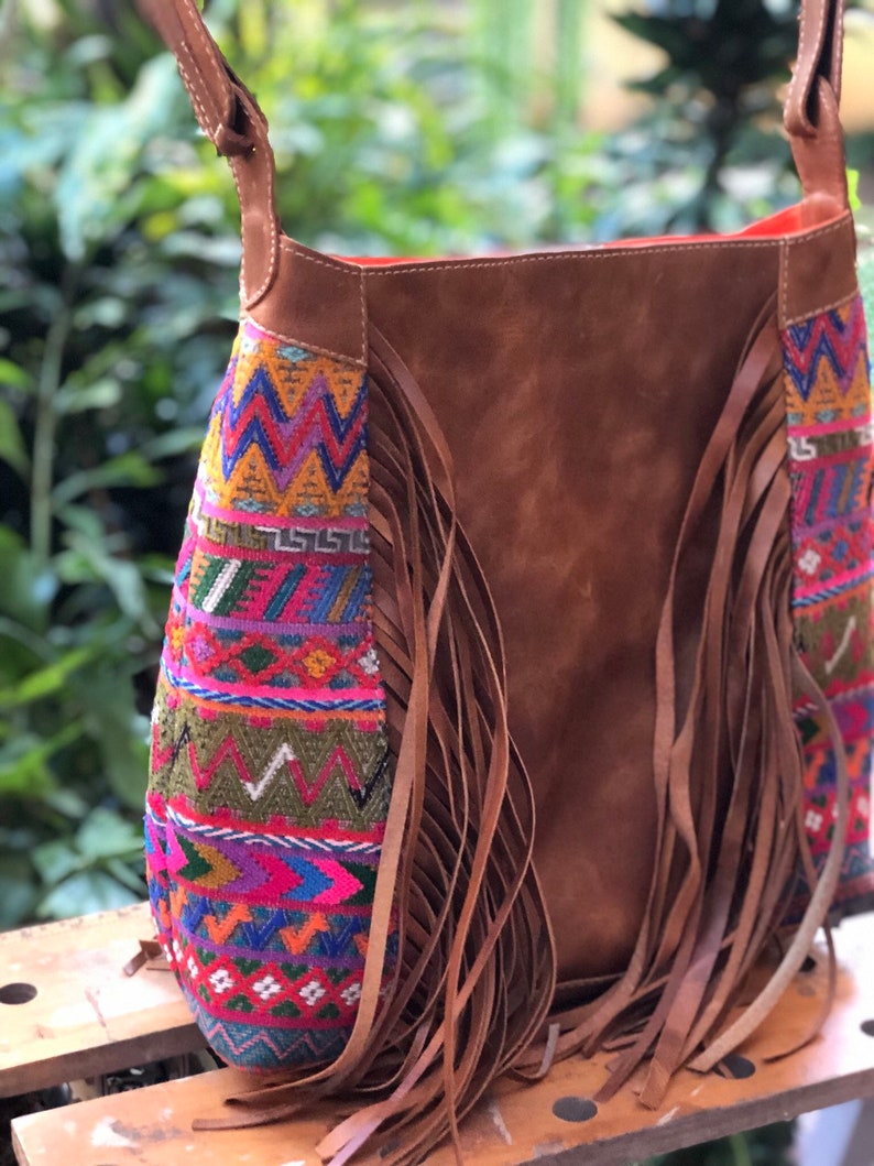 save price 20 dollars less now !fringe handbag in natural leather and huipil from San Mart\u00edn Jilotepeque Sale