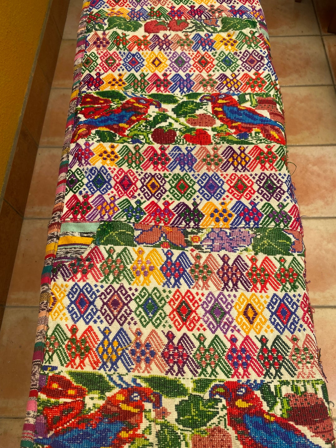 Hand Loomed Runner , Huipil in Blue White Mayan Design From