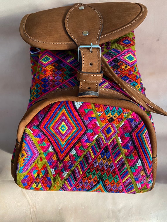 Embroidered Huipil Backpack, Tobacco Leather, Fall Colors - Etsy display picture 2