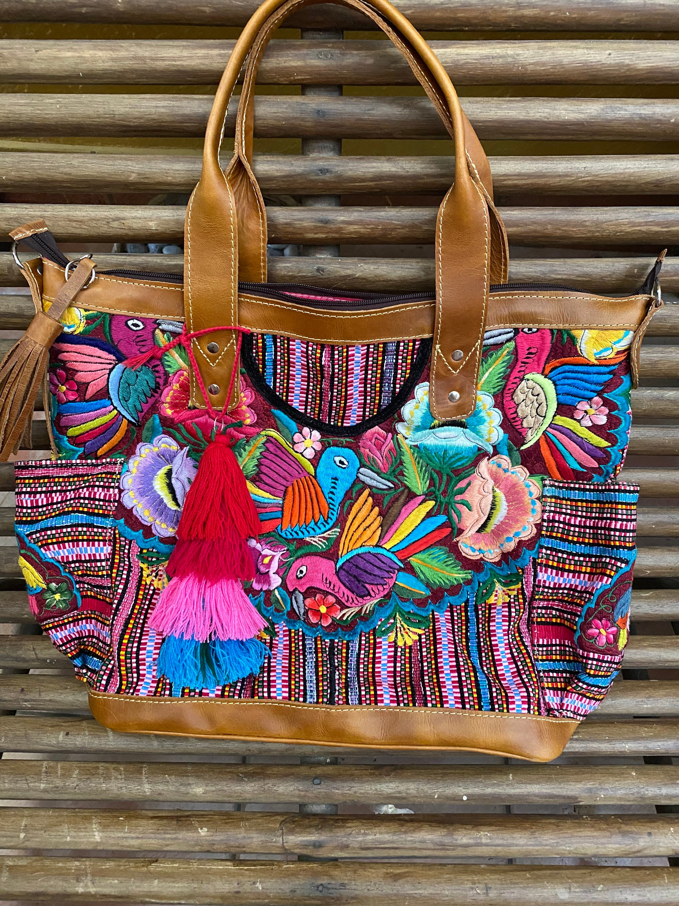 Weekender Bag in Natural Tan Leather and Hand Made Huipil  display picture 3