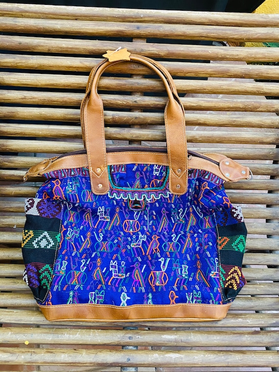 Maya Huipil Leather Backpack, Handmade Guatemalan Bag 