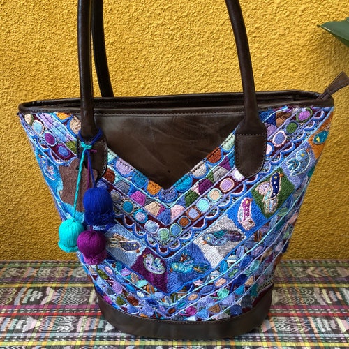 Leather Tote Mi cielo embroidered bag and brown leather shops