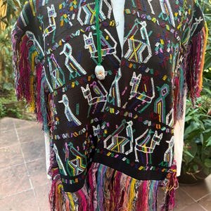 May include: A dark brown woven poncho with colorful embroidered animal and geometric designs. The poncho features a green drawstring and a fringe of multicolored threads along the bottom and sleeves. The design includes white, yellow, blue, and red accents.