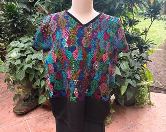 Huipil from Coban Hand weaved in blues , teal green, guatemala maya ethnic. Gorgeous medium large