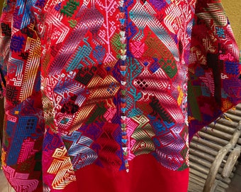 Boho -Vintage  Mayan huipil from  Almolonga in red and hand weaved on a backstrap loom embroidered collar