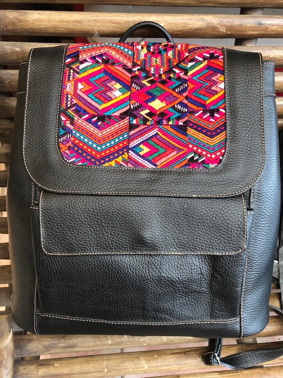 Black Grain Leather Backpack With Mayan Huipil Textile  display picture 1