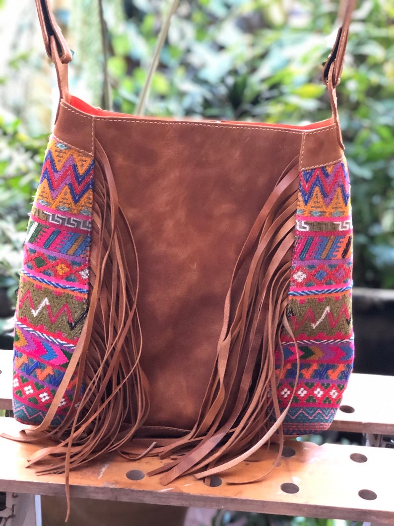 save price 20 dollars less now !fringe handbag in natural leather and huipil from San Mart\u00edn Jilotepeque Sale