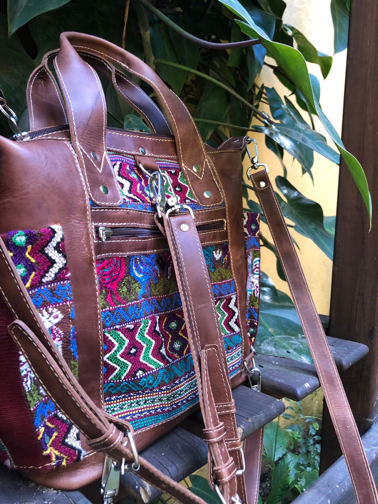 ?STELLAR STUNNING LEATHER HUIPIL CONVERTIBLE? Custom Huipil Pattern Caramel Brown Genuine LEATHER  main image 2