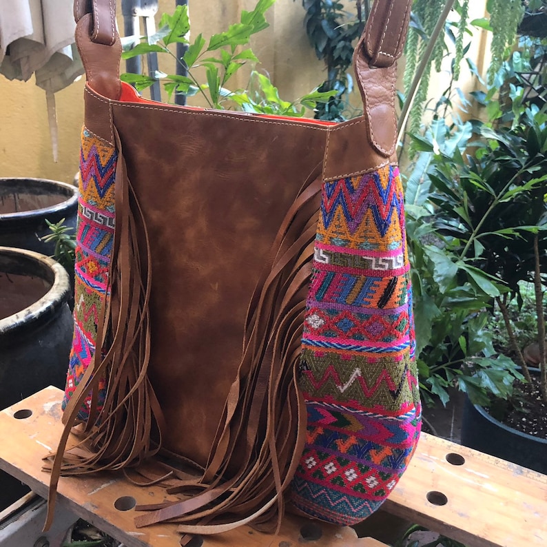 save price 20 dollars less now !fringe handbag in natural leather and huipil from San Mart\u00edn Jilotepeque Sale