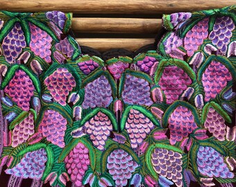 Vintage  Maya huipil from patzun in rich burgundy and lila and an array of  hand embroidered greprd