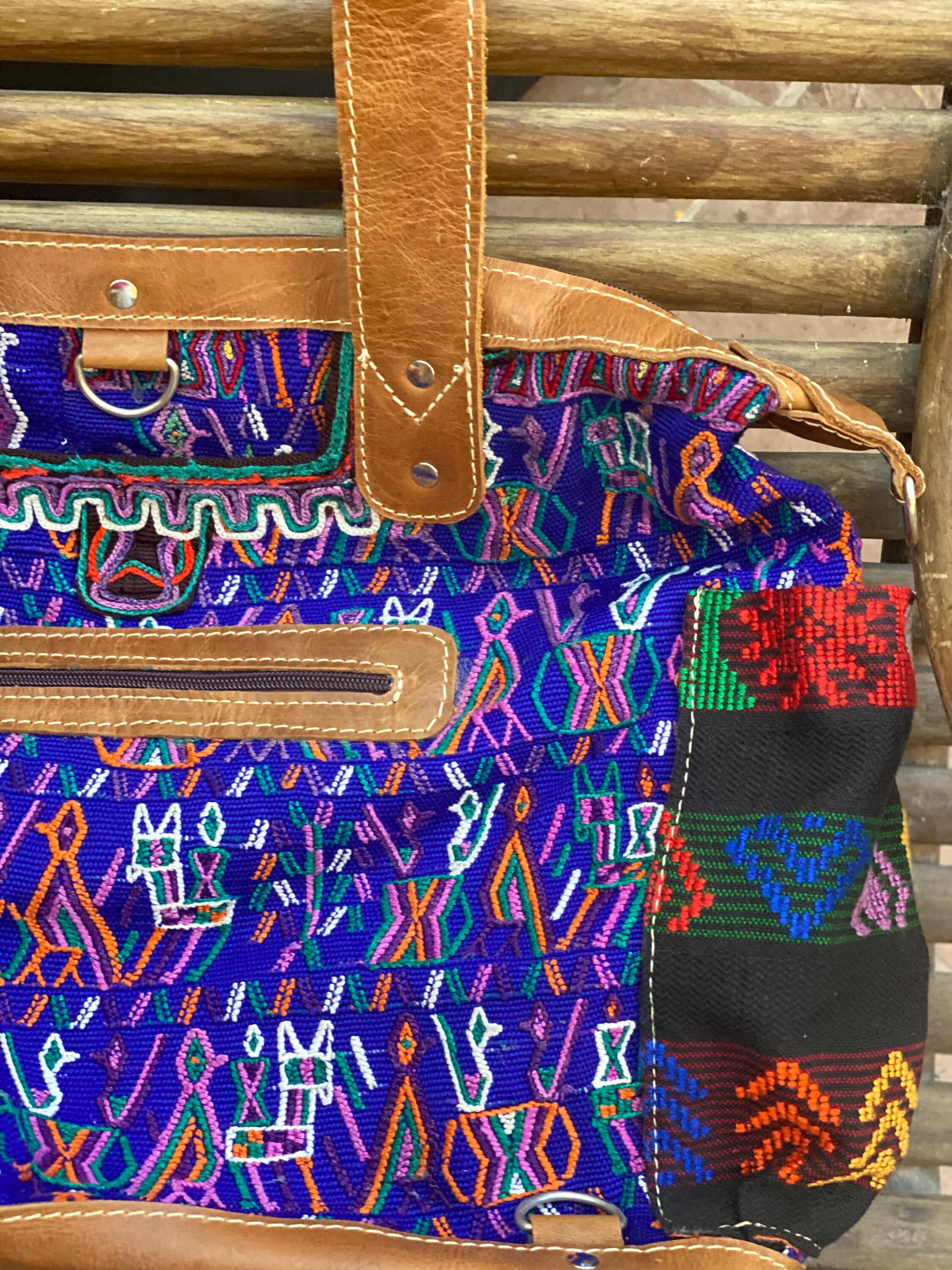 Maya Huipil Leather Backpack, Handmade Guatemalan Bag 