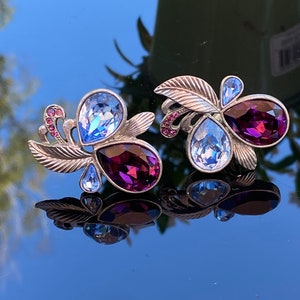 Vintage blue and purple rhinestone clip on earrings