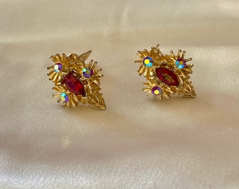 Stunning red rhinestone clip one earrings