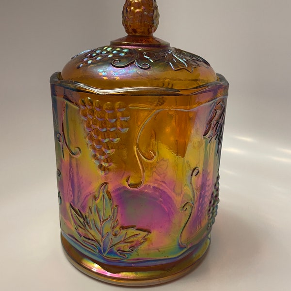 Vintage Indiana Glass Amber Canister, Carnival Glass Jar with Lid