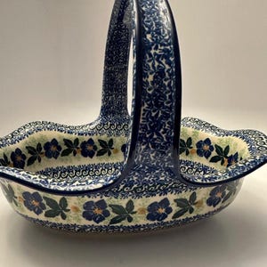Polish Pottery Basket with Blue Flowers