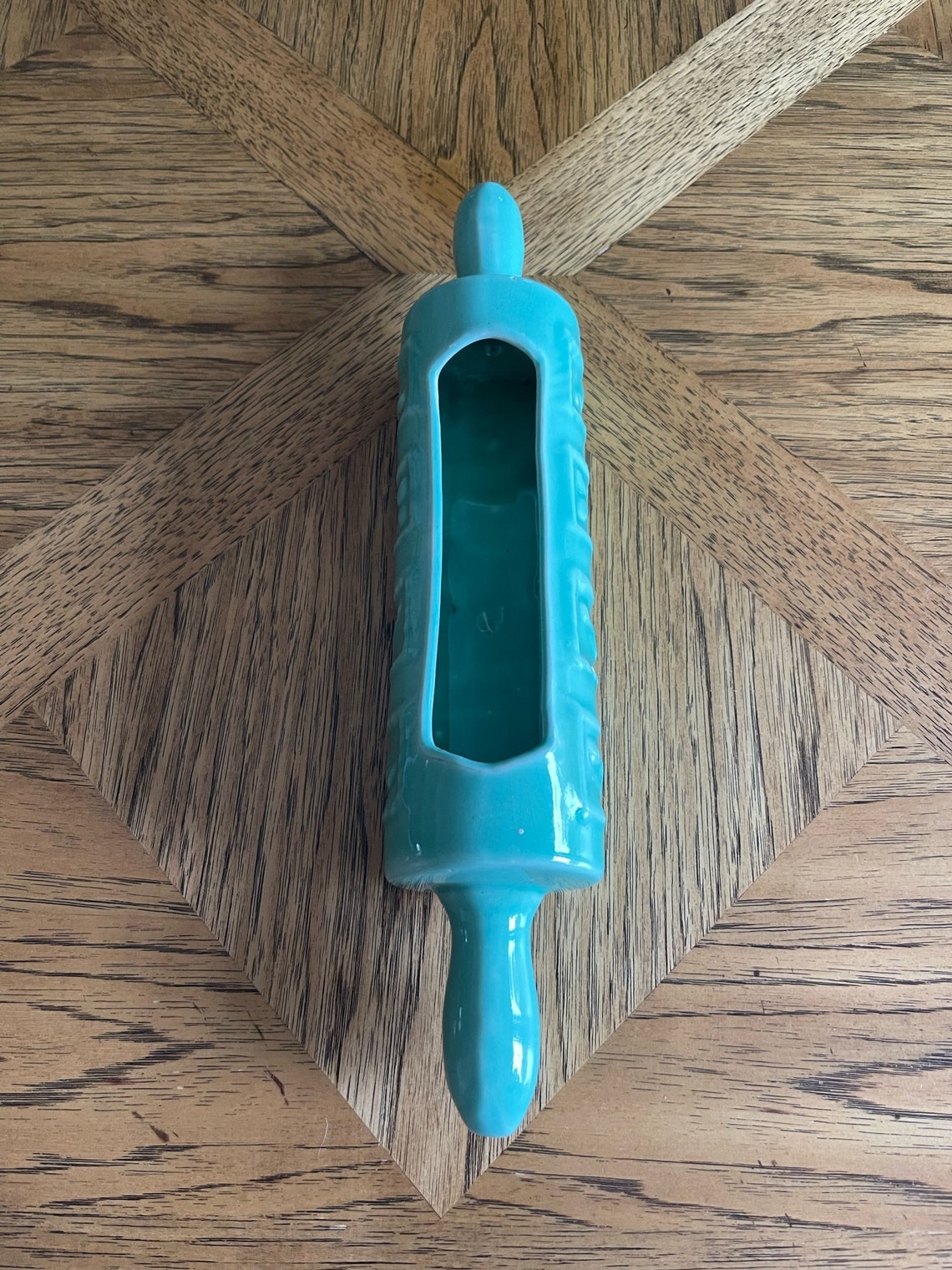 Vintage Pottery Rolling Pin Planter Teal Kitchen Etsy