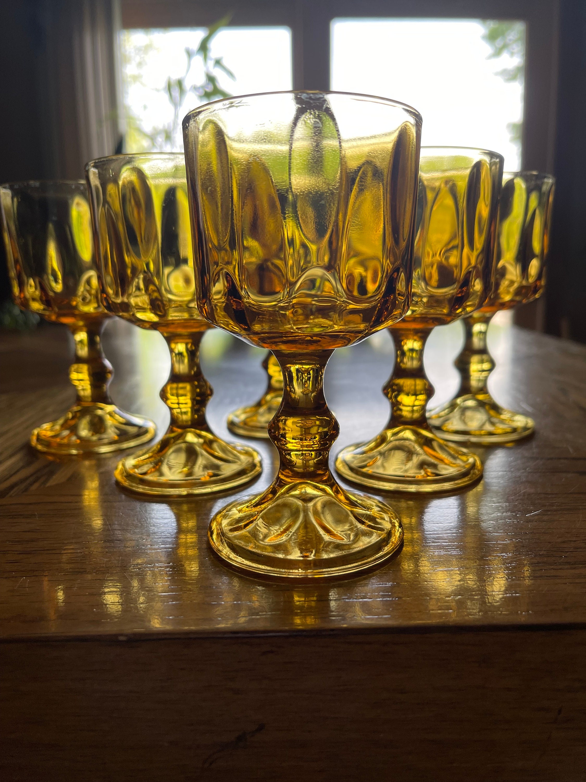 WHOLE HOUSEWARES 8 Oz Embossed Amber Glassware Vintage-Pressed Pattern Set  of 6, Amber