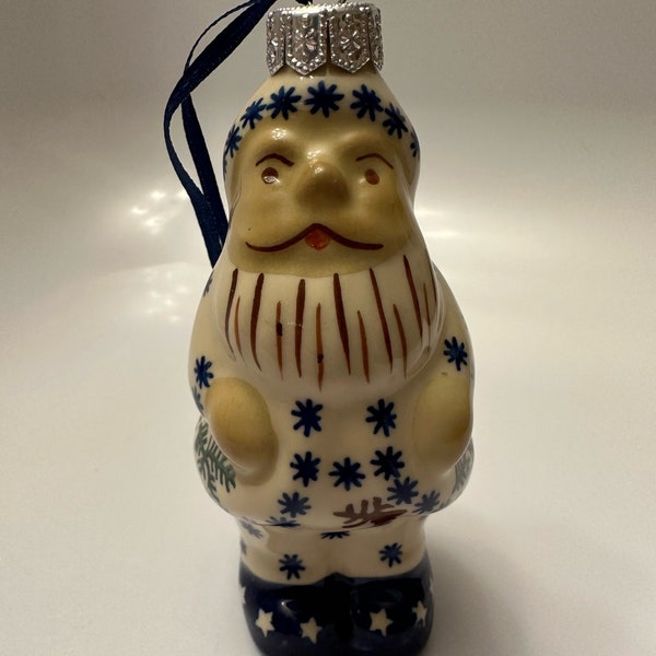 Polish Pottery Santa Ornament with Snowflake Suit and Reindeer