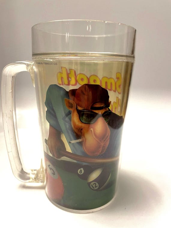 cup of joes tobacco Vintage Joe Camel Billiards Clear Plastic Beverage Mug, 1991 Tobacciana  Advertising