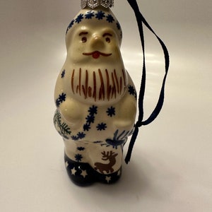 Polish Pottery Santa Ornament with Star hat, Snowflakes and Reindeer - 5 inches tall!