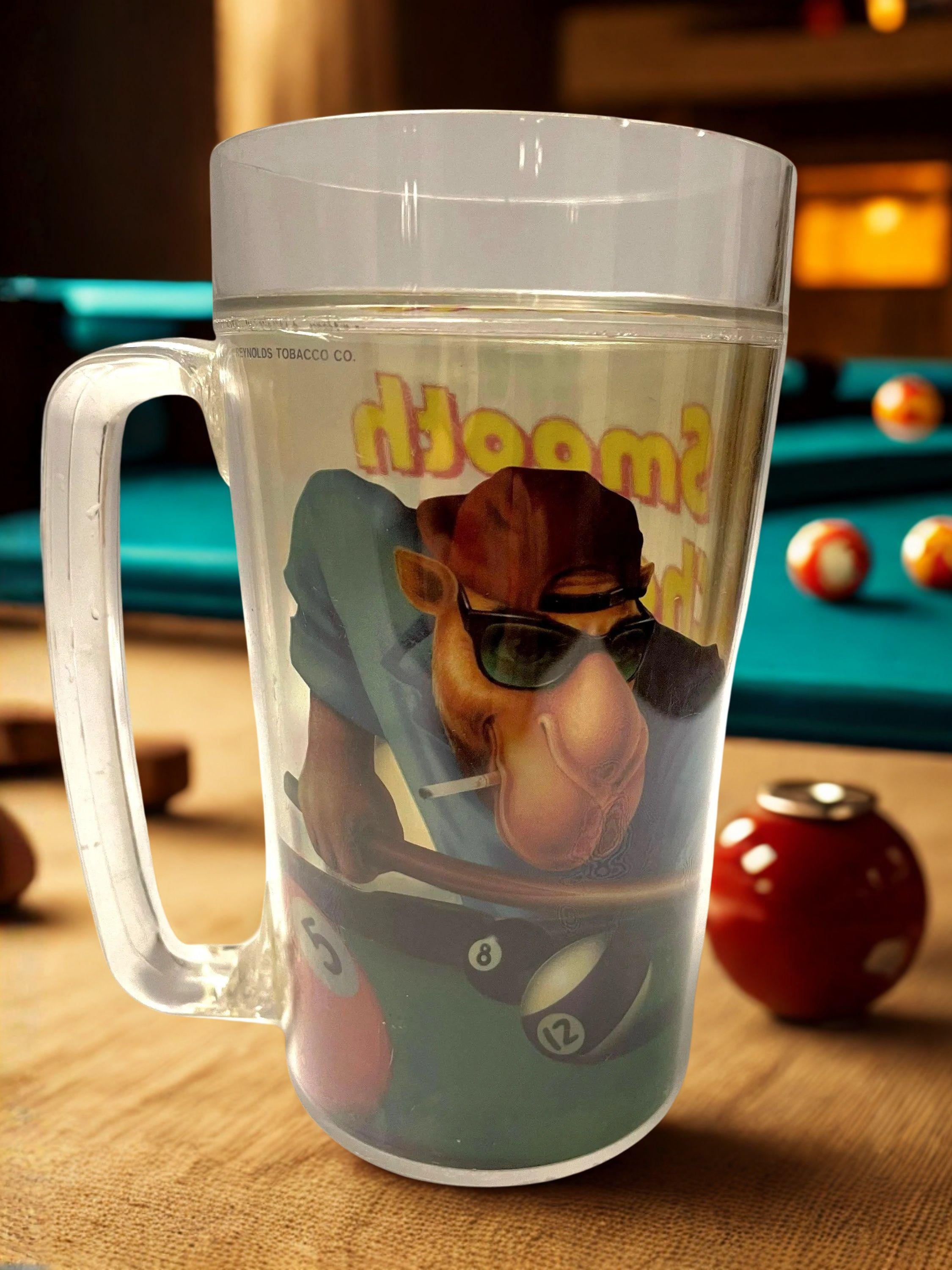 Vintage Joe Camel Billiards Clear Plastic Beverage Mug, 1991