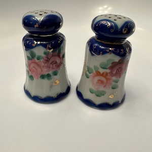 Vintage Salt and Pepepr Shakers with Pink Roses, Green Leaves, Colbalt Blue Featues and Gold Trim