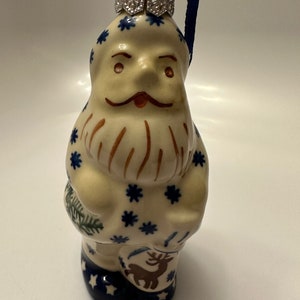 Polish Pottery Santa Ornament with Star hat, Snowflakes, Greenery, Reindeer on Toy Sack