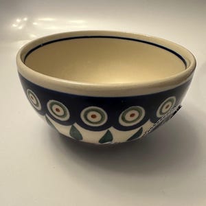 Polish Pottery Bowl Handmade featuring Peacock Leaf Pattern
