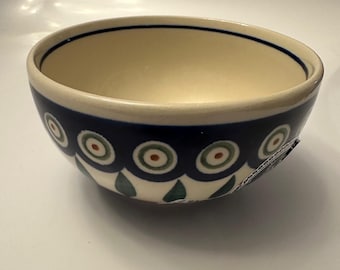 Polish Pottery Bowl Handmade featuring Peacock Leaf Pattern