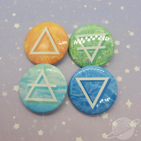 Elemental Signs 1.5" Pin Buttons | Fire Water Air Earth | Astrology Zodaic Alchemy Pagan Wiccan Witchcraft